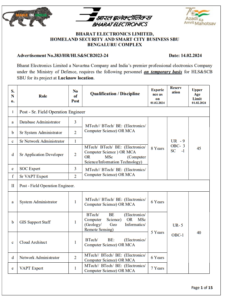 Bharat Electronics Limited a Navartna Company and India’s premier professional electronics Company under the Ministry of Defence, requires Sr. Field Operations Engineer (13 Nos), Field Operations Engineer (06 Nos), Project Engineer-I (03 Nos) at Lucknow