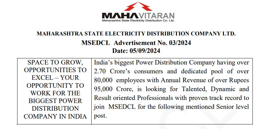 MAHARASHTRA STATE ELECTRICITY DISTRIBUTION COMPANY LTD. HIRING CHIEF ENGINEER – 08 NOS